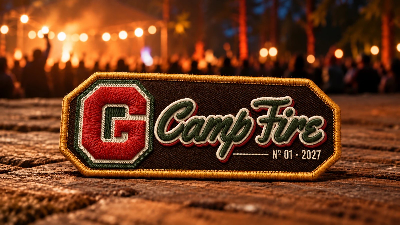 Logo oficial G-CampFire: patch bordado com o G varsity em chenille, o script CampFire e Nº 01 · 2027