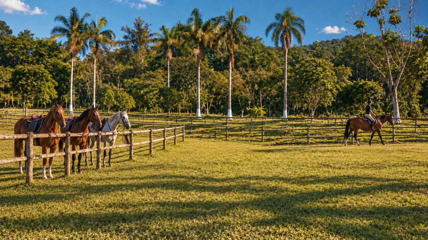 Três cavalos selados na cerca do piquete e um cavaleiro ao fundo, gramado e palmeiras