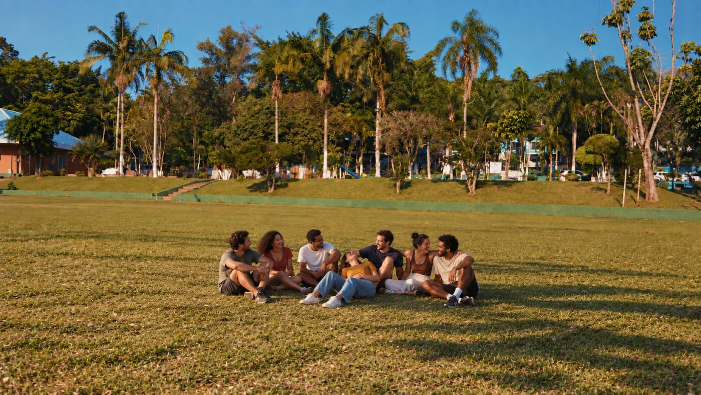 Grupo de sete jovens sentados juntos no gramado, palmeiras e prédios baixos ao fundo