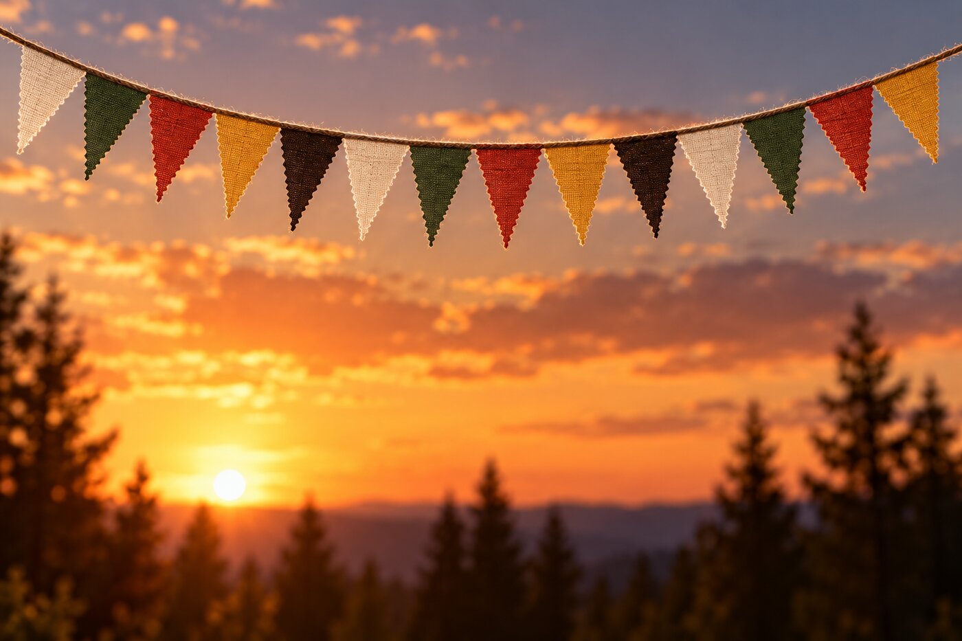 Bandeirolas de lona creme, musgo, vermelho e mostarda sobre o pôr do sol do acampamento