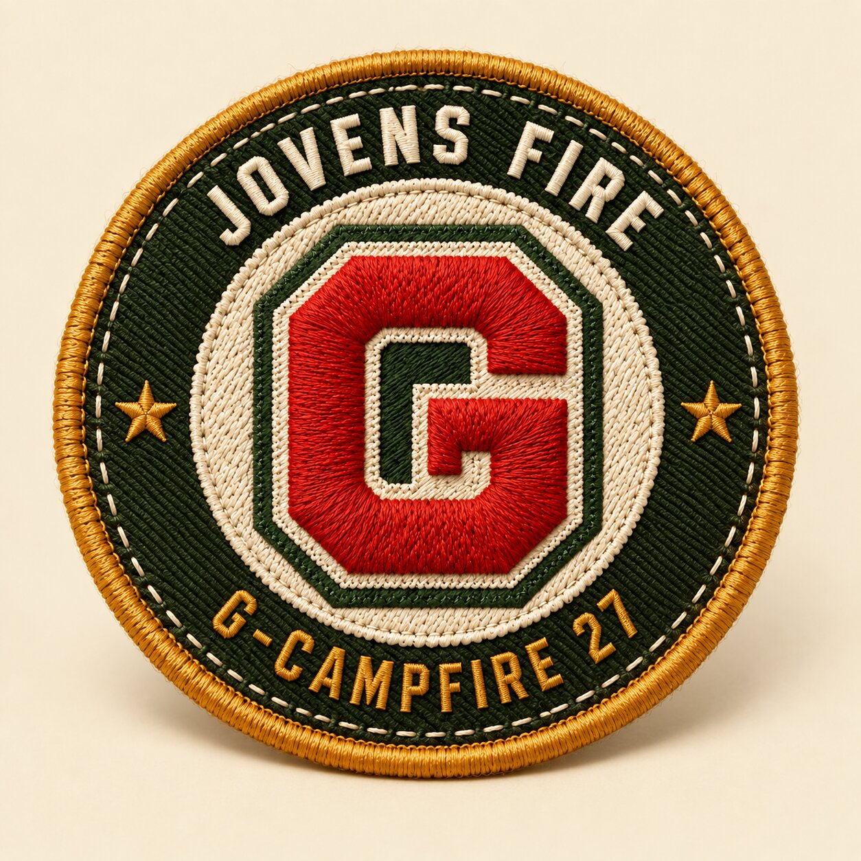 Patch de ministério, exemplo Jovens Fire: G vermelho no centro, JOVENS FIRE em arco no anel musgo e G-CAMPFIRE 27 embaixo