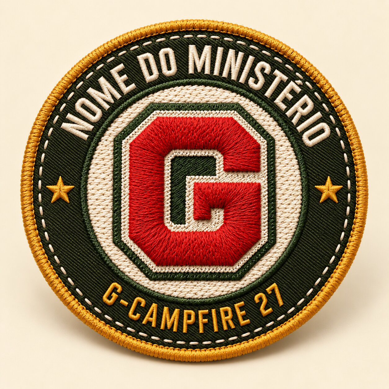 Patch de ministério, modelo: G vermelho no centro, NOME DO MINISTÉRIO em arco no anel musgo e G-CAMPFIRE 27 embaixo