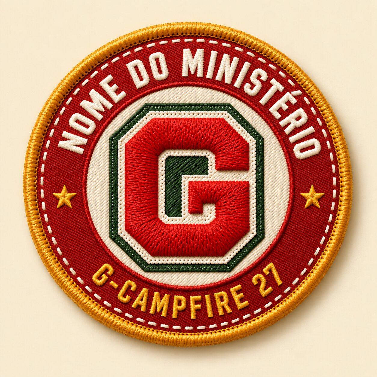 Patch de ministério com anel vermelho: G no centro, NOME DO MINISTÉRIO em arco e G-CAMPFIRE 27 embaixo
