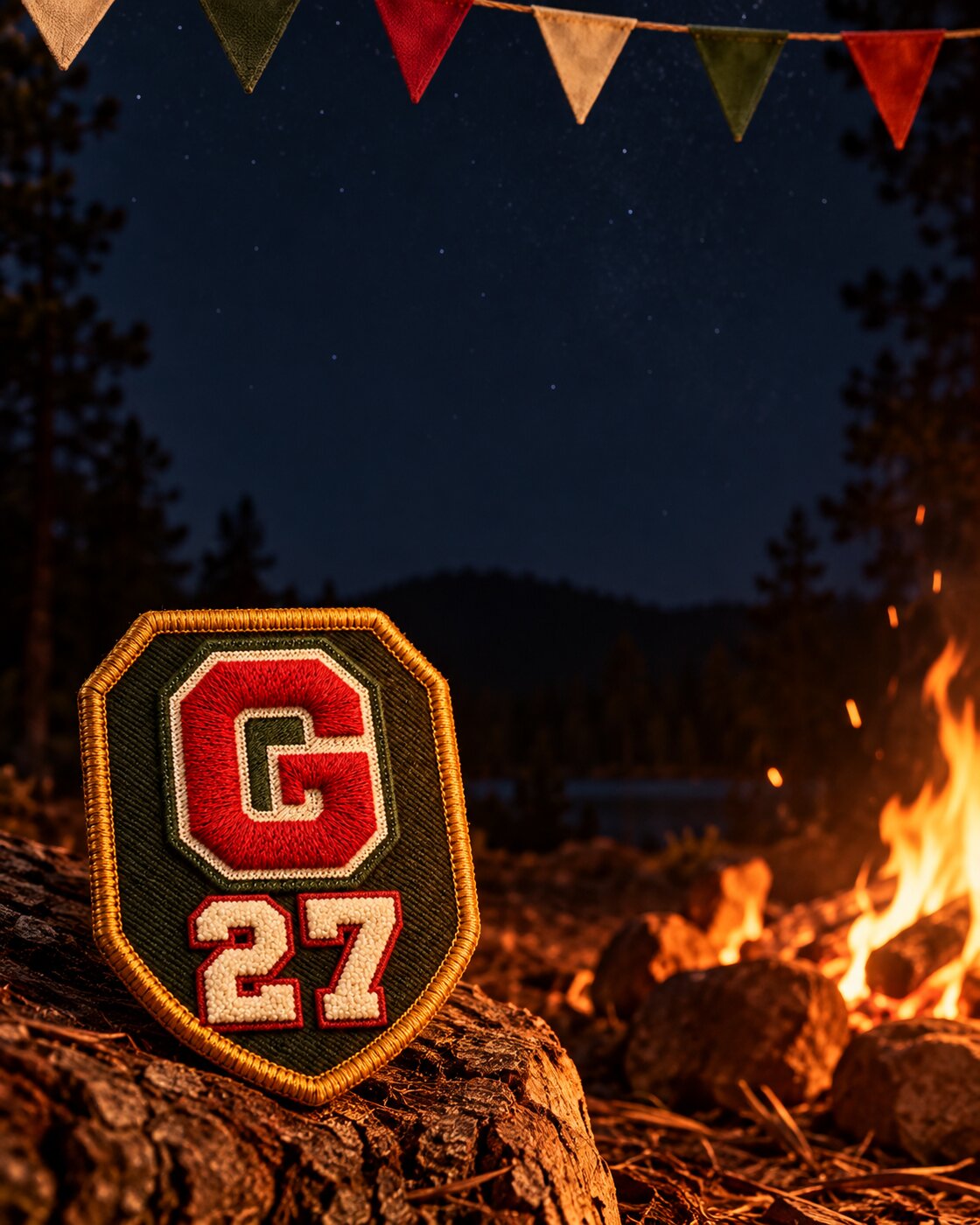 Fundo em foto: noite no acampamento, patch escudo G 27 apoiado num tronco ao lado da fogueira, bandeirolas no alto