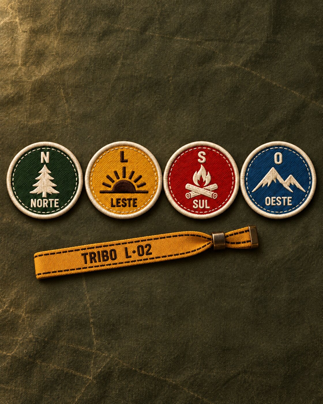 Fundo em foto: lona encerada musgo com os quatro patches dos rumos em linha e a pulseira mostarda TRIBO L·02