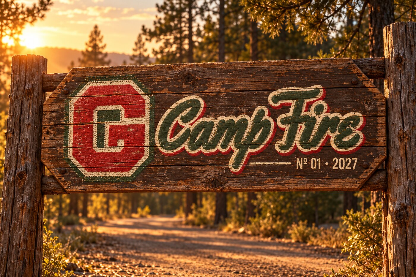 Placa de madeira na entrada do acampamento com o logo G-CampFire: G vermelho, script CampFire e Nº 01 · 2027
