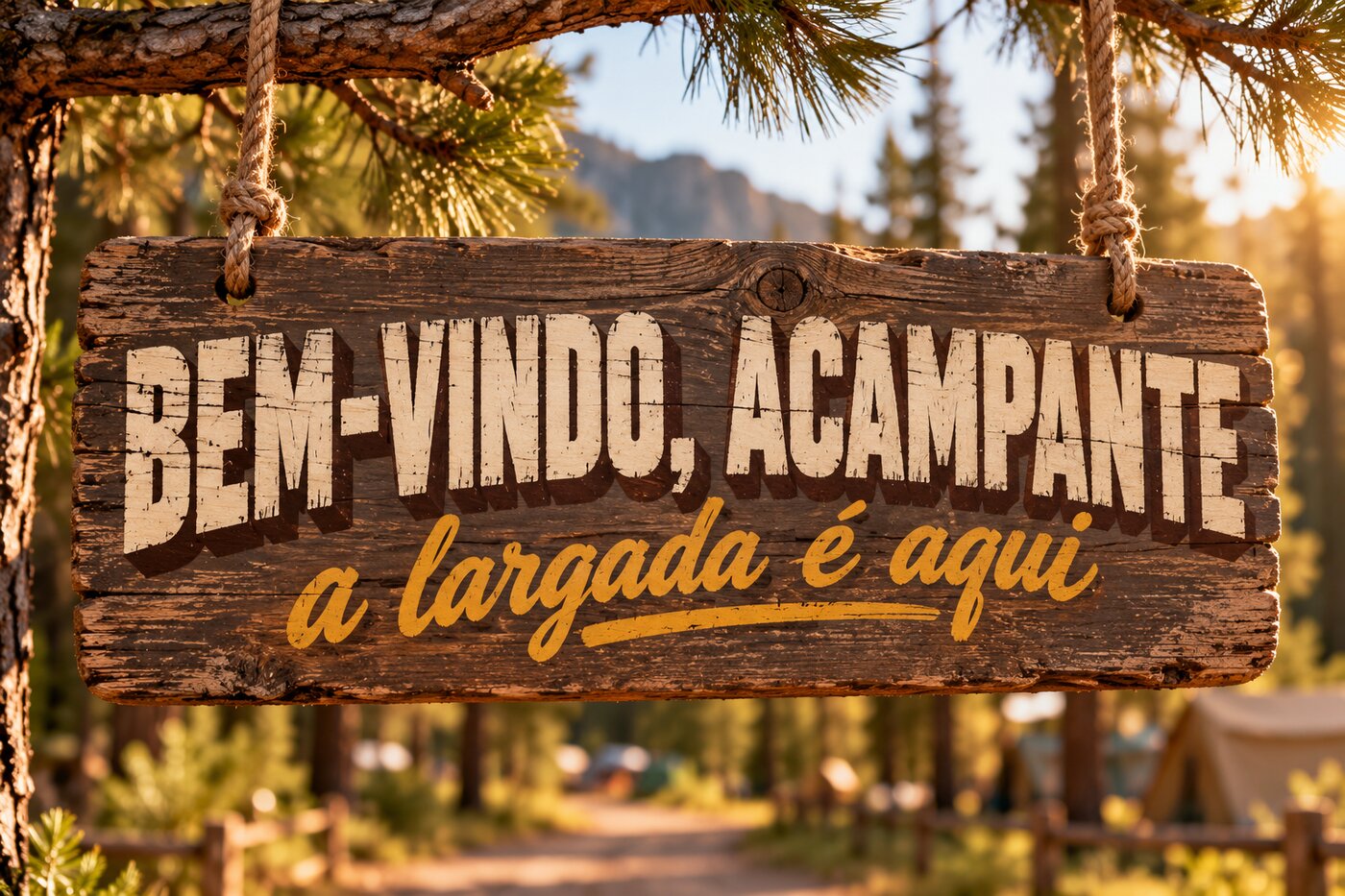 Placa de madeira pendurada BEM-VINDO, ACAMPANTE com a frase a largada é aqui