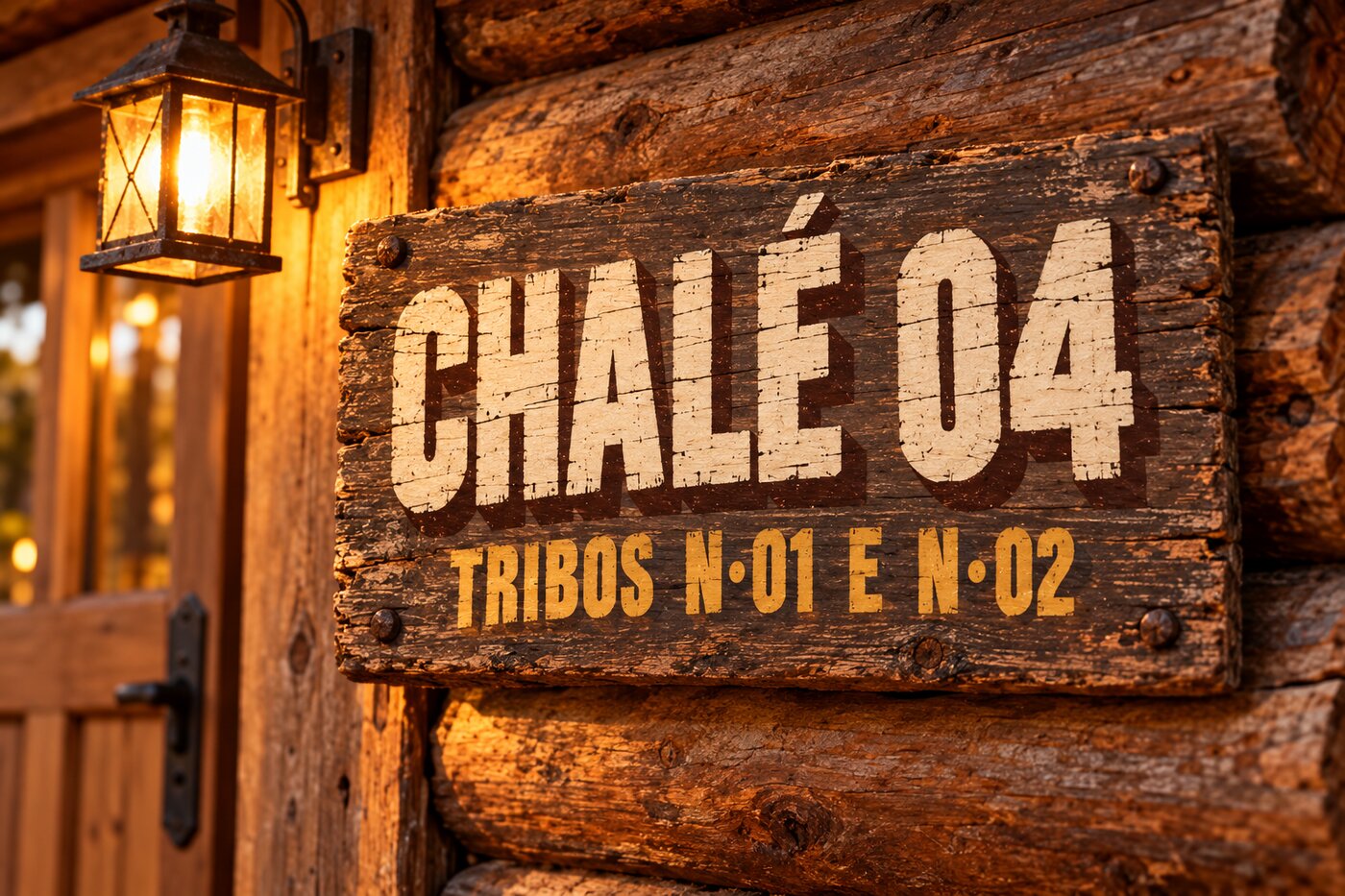 Placa de chalé CHALÉ 04 · TRIBOS N·01 E N·02 presa num tronco, com lampião