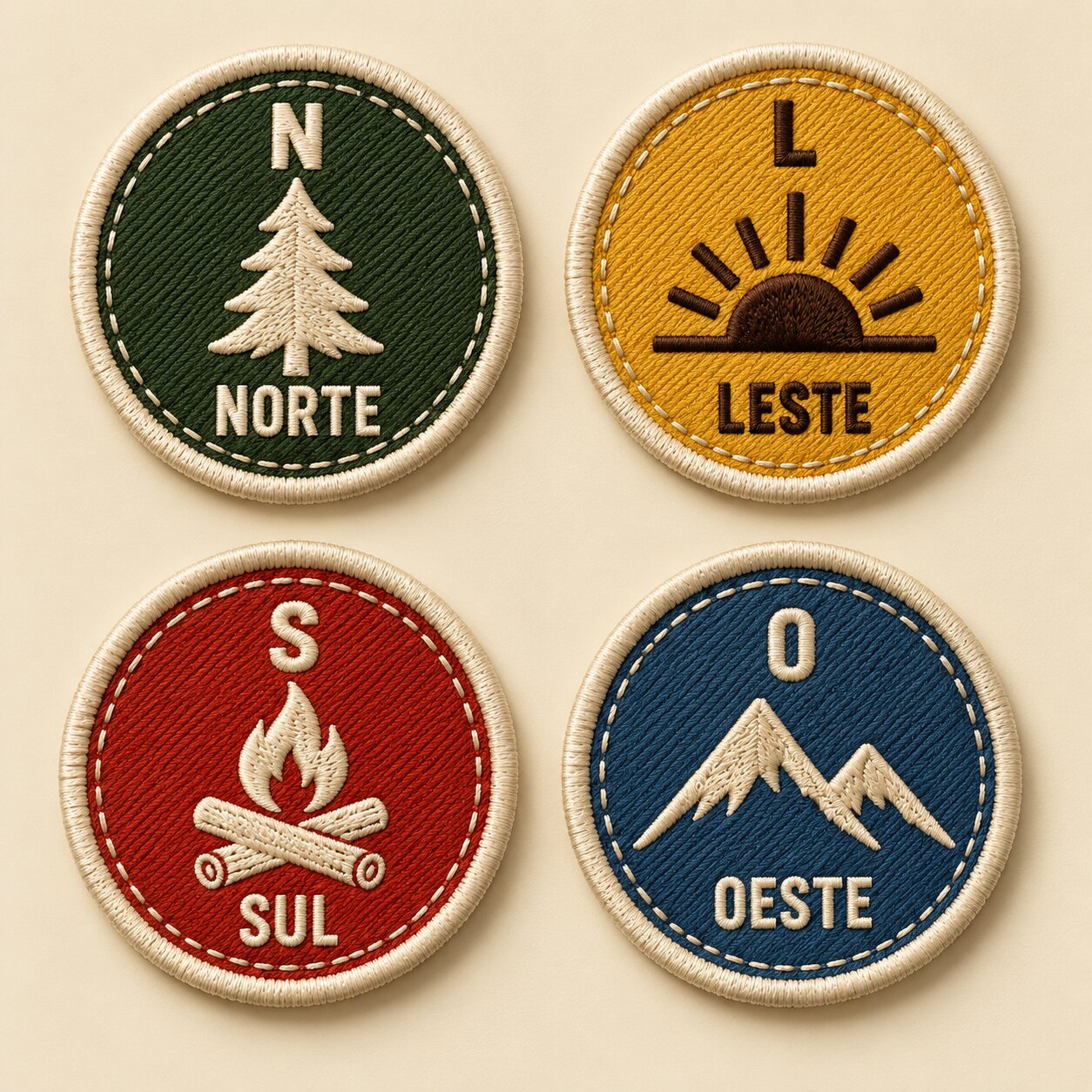 Quatro patches redondos dos rumos: Norte pinheiro em musgo, Leste sol em mostarda, Sul fogueira em vermelho, Oeste montanha em azul denim