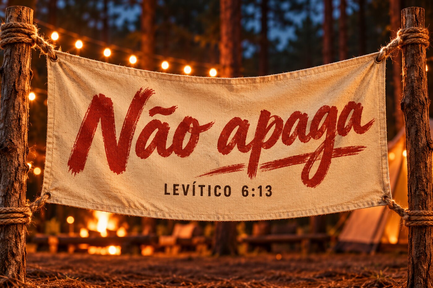 Faixa de lona pintada à mão com Não apaga e LEVÍTICO 6:13, presa entre troncos com luzes de varal