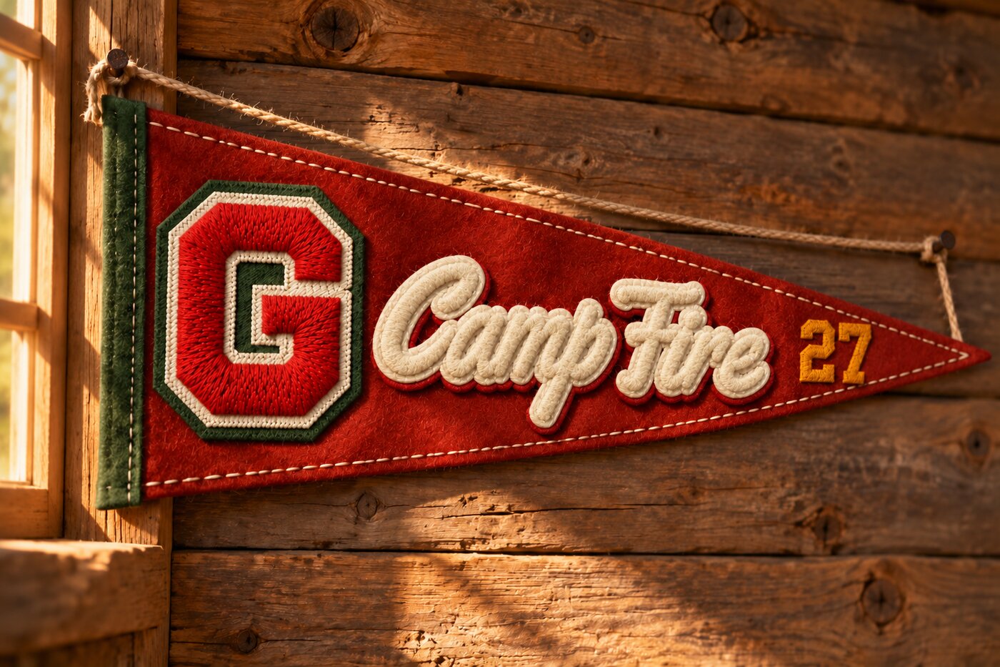 Flâmula de feltro vermelha com o G varsity, o script CampFire e o 27, pendurada numa parede de madeira