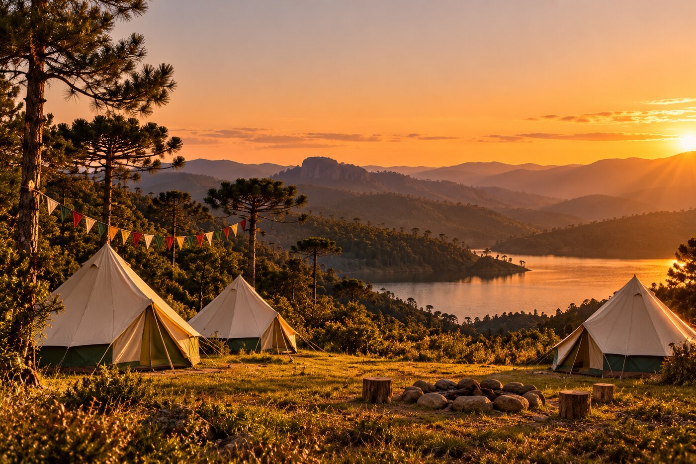 Cenário de acampamento ao pôr do sol: barracas de lona, pinheiros, serra e lago
