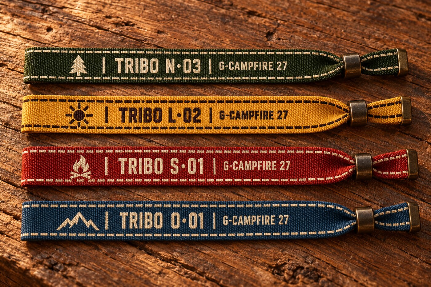 Quatro pulseiras de tecido dos rumos, TRIBO N·03, L·02, S·01 e O·01, com G-CAMPFIRE 27, sobre madeira