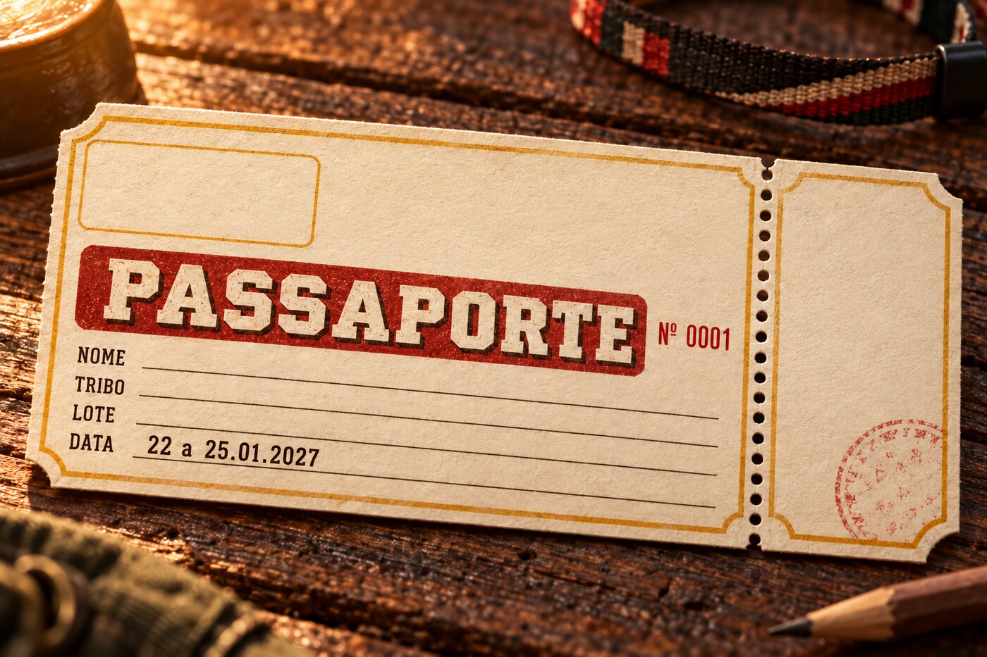 Passaporte impresso G-CampFire: ingresso creme com canhoto picotado, PASSAPORTE Nº 0001, campos de nome, tribo, lote e data 22 a 25.01.2027 e carimbo de check-in