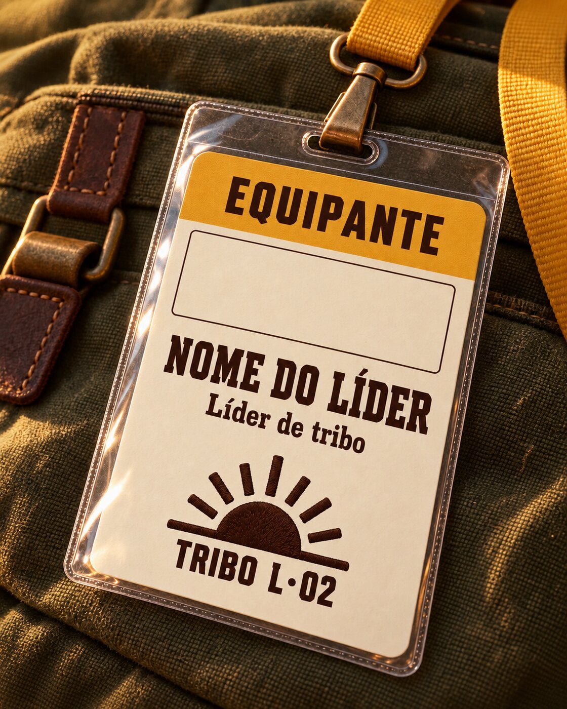 Crachá de equipante em capa plástica presa à mochila: faixa mostarda EQUIPANTE, nome do líder, líder de tribo, ícone do sol e TRIBO L·02