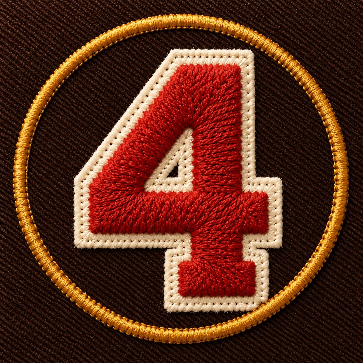 Capa de destaque 4 Atos: numeral 4 em chenille vermelho sobre feltro creme, aro mostarda