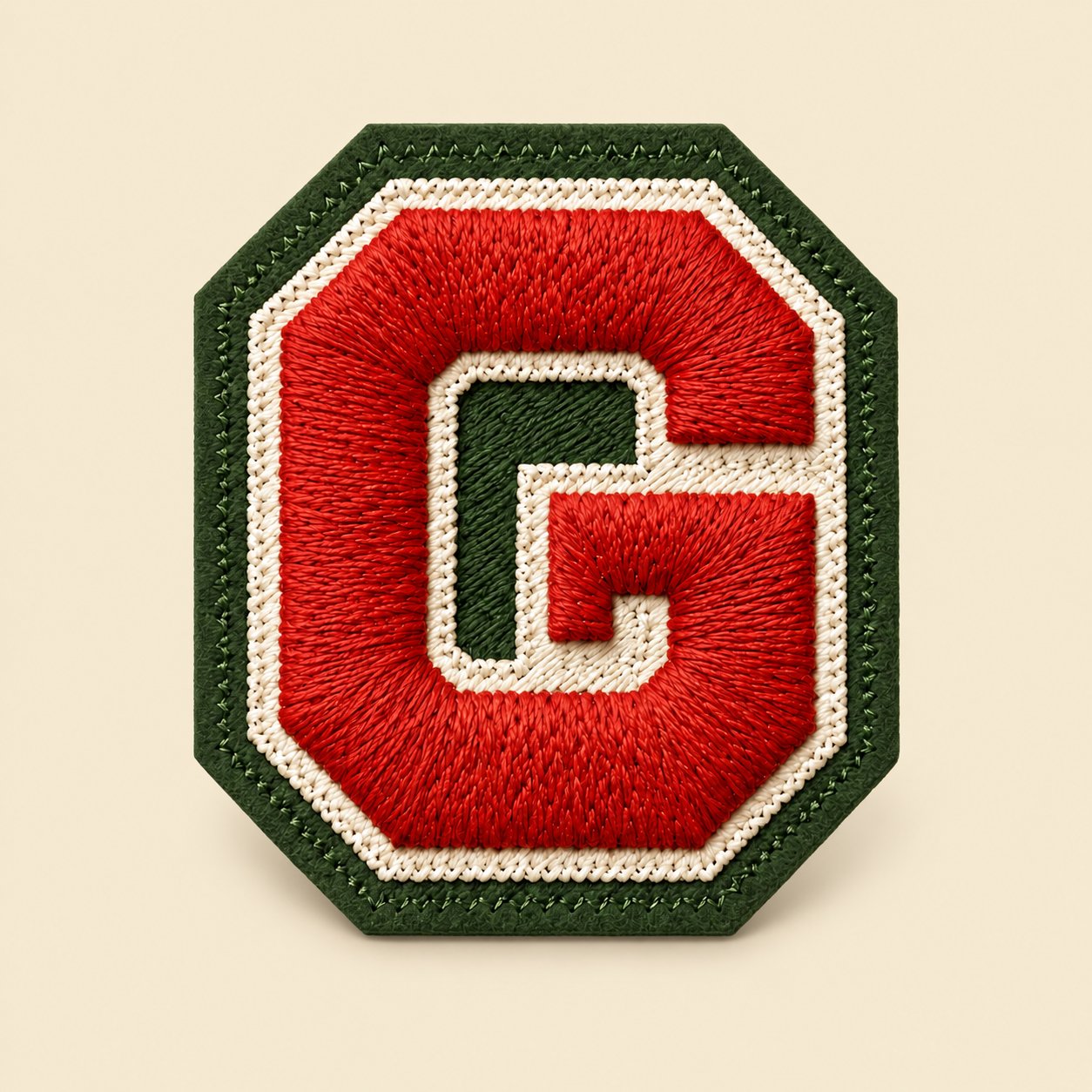 Monograma G em chenille vermelho sobre feltro creme e musgo, foto de produto P2