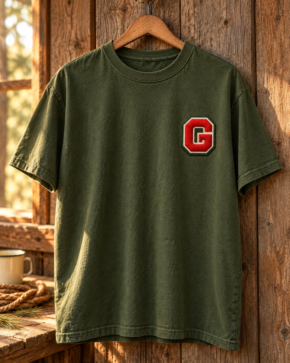Camiseta musgo com o G em chenille no peito, foto de produto P3